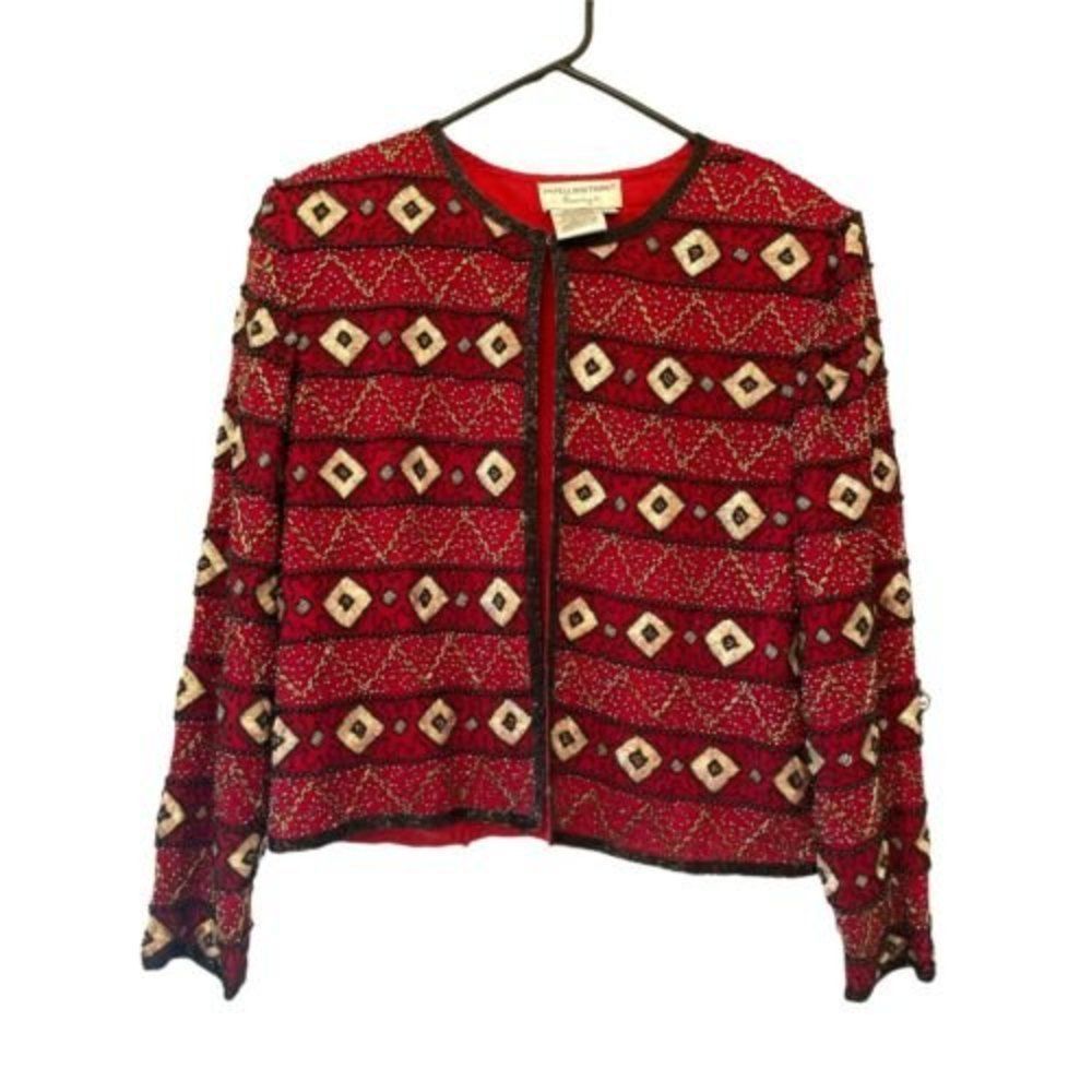 VTG Papelli Designer Beaded Silk Evening Jacket Red Black Gold stunning SZ L